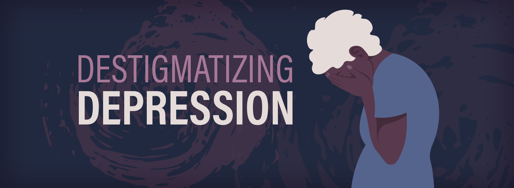 Illustration of a woman alongside the text "distigmatizing depression," promoting understanding of mental health issues.